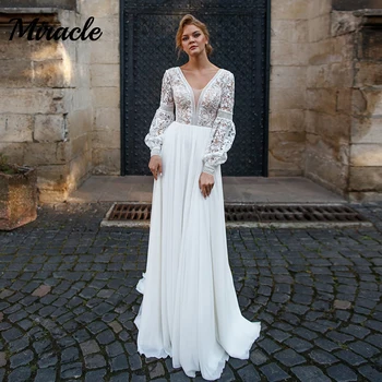 Богемные свадебные платья трапециевидной формы, винтажные свадебные платья с V-образным вырезом и длинными рукавами, кружевные вечерние платья для невесты Robe De Marie